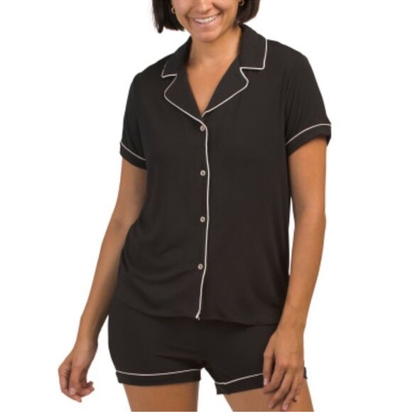 Jason Wu M-L Black White Trim 2 Pc Super Soft Notch Collar Sleep PJ Set - Picture 1 of 16